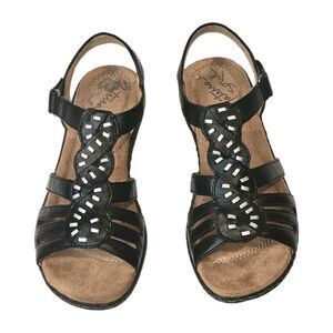 Natural Soul by Naturalizer Belle Sandals Black Leather Beaded T-Strap 7.5 M VGC